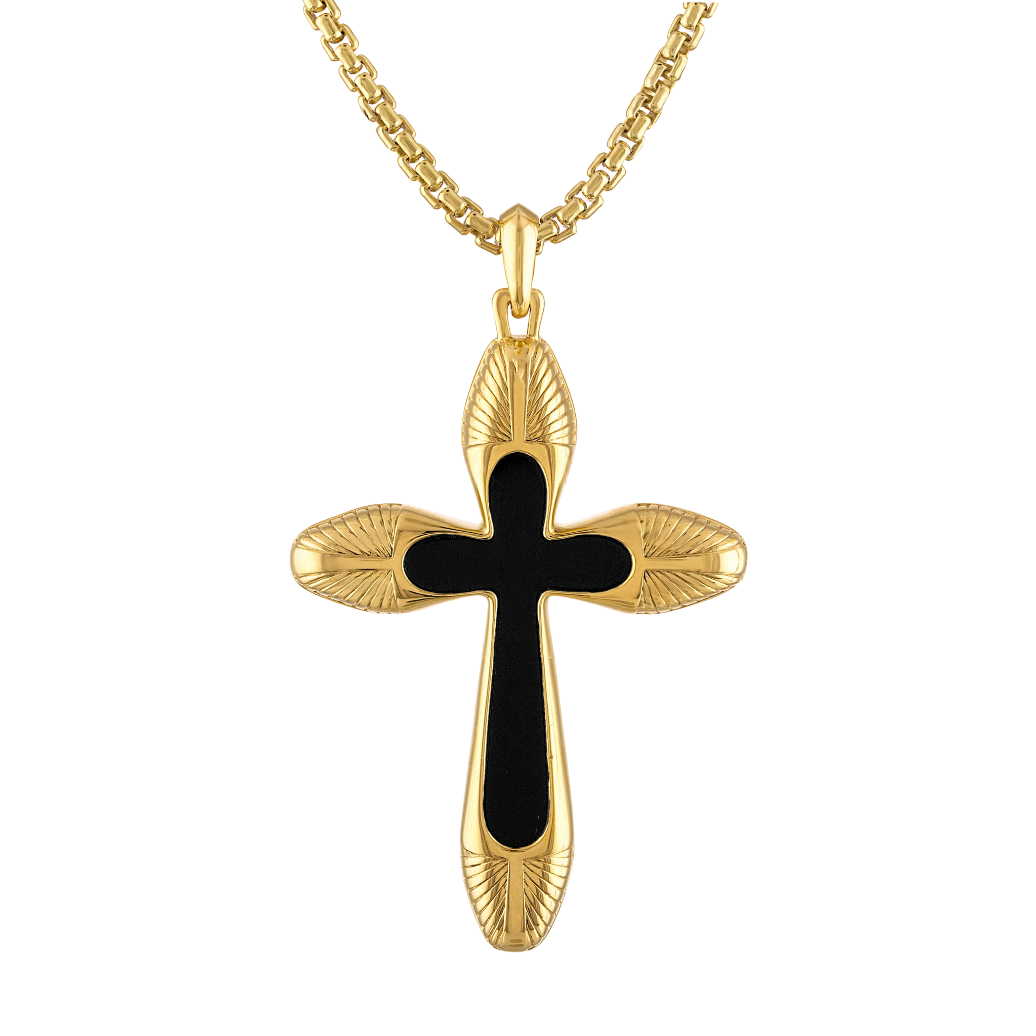A stylized Bulova 14k gold-plated silver cross with black agate